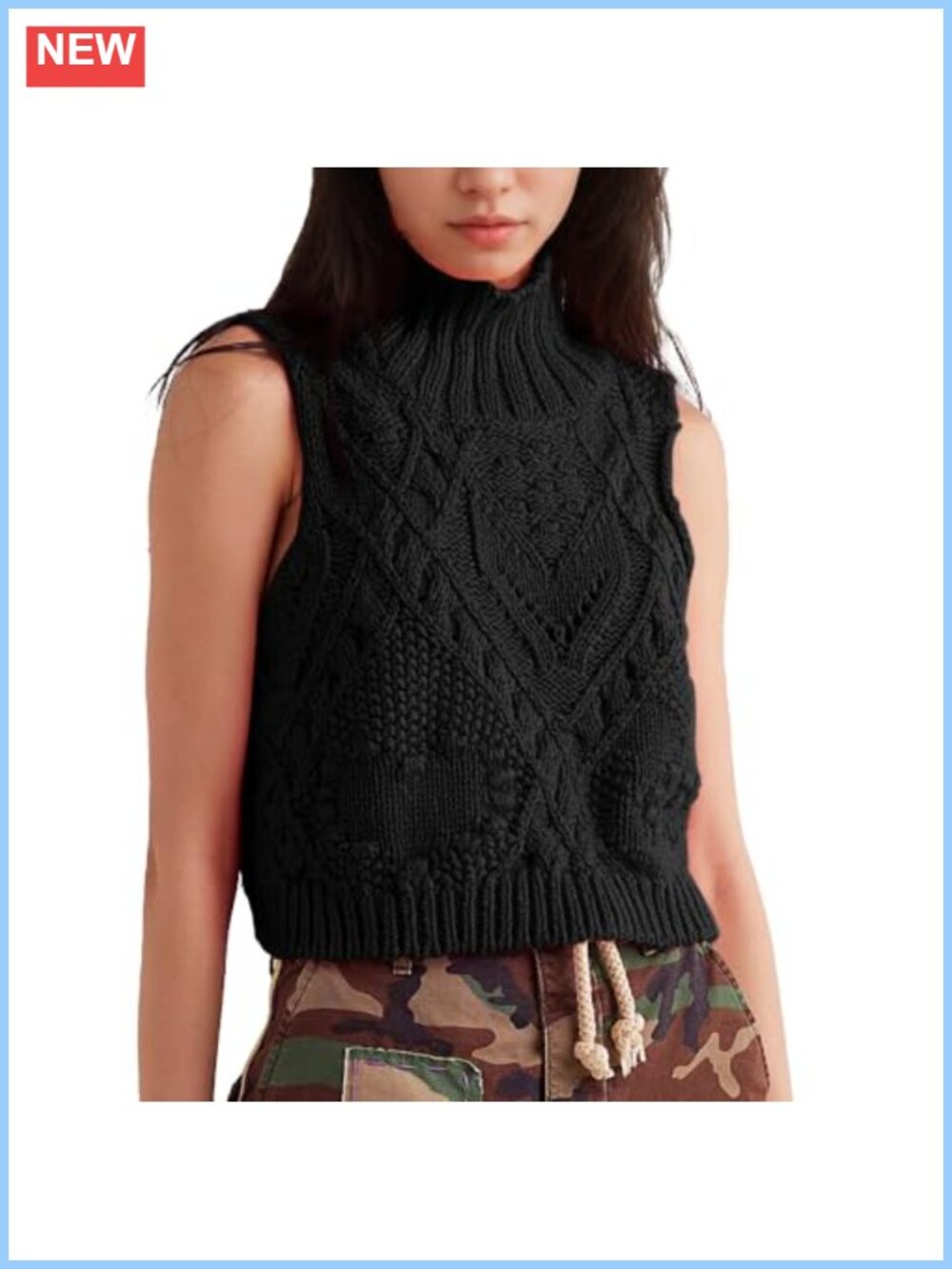 Crochet Sleeveless Turtleneck Knit Sweater Vest Cotton Cropped Top